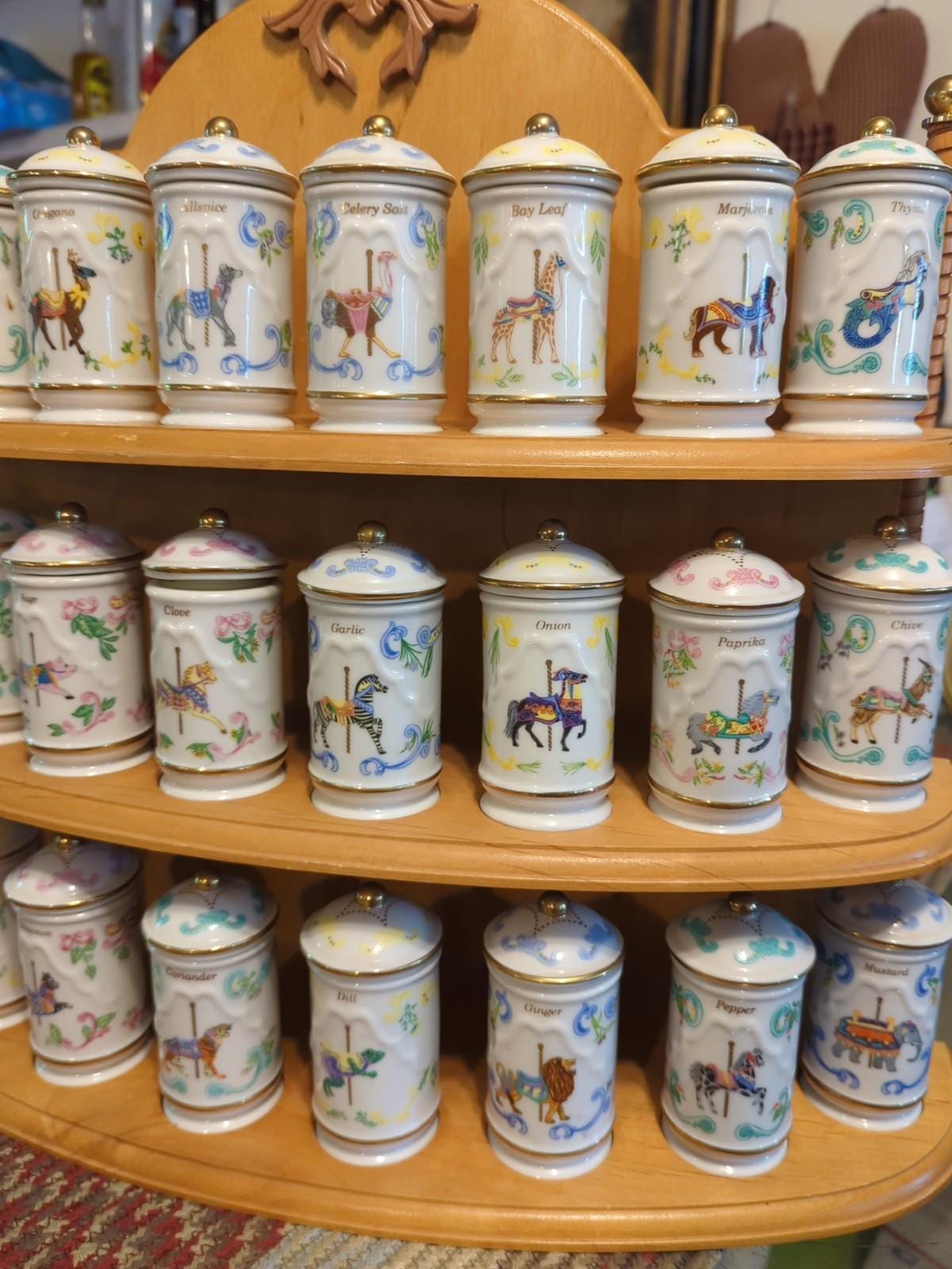 RARE: Lenox 1993 Carousel Porcelain Spice Jars & Wooden Rack - Complete Set (24)