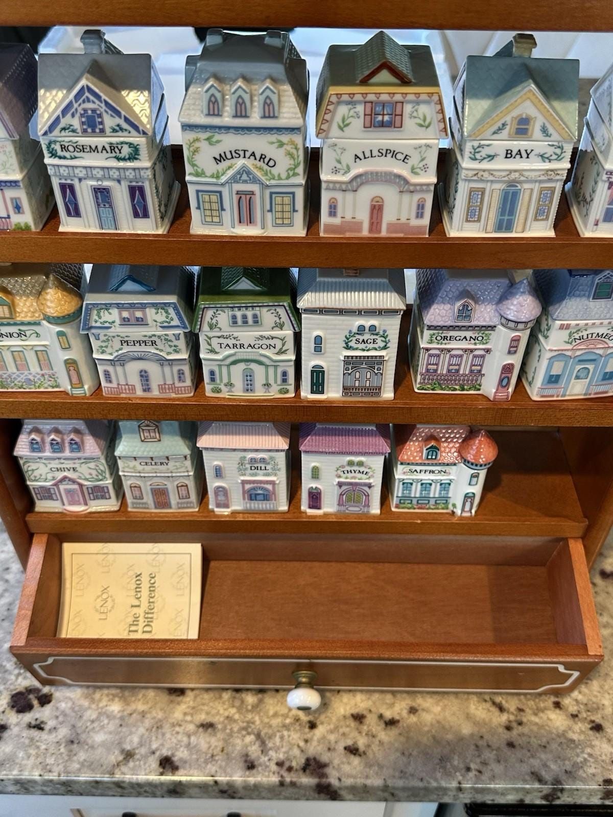 1989 Lenox Spice Village Spice Jar Set of 23 Houses & Wooden Rack Collectible
