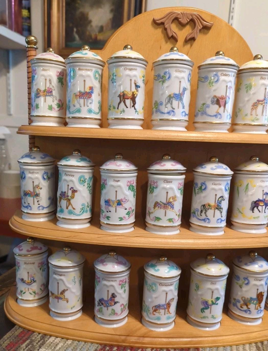 RARE: Lenox 1993 Carousel Porcelain Spice Jars & Wooden Rack - Complete Set (24)