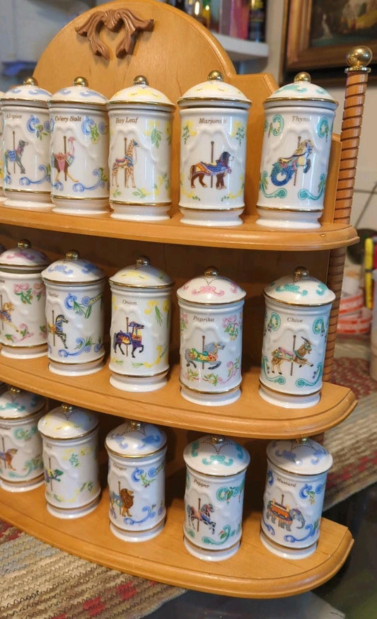 RARE: Lenox 1993 Carousel Porcelain Spice Jars & Wooden Rack - Complete Set (24)