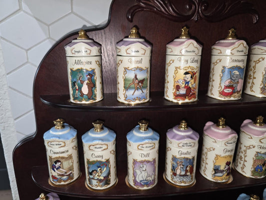 Walt Disney Lenox 24 Spice Jar Set & Wooden Rack 1995 Salt/ Pepper Shakers Boxes