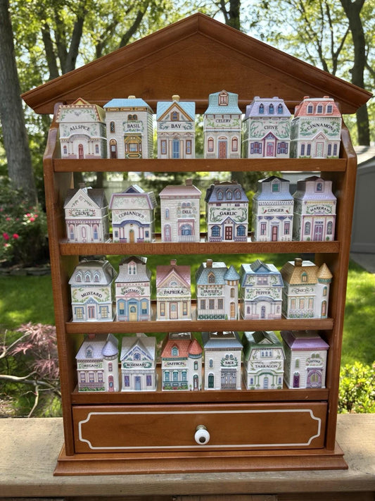 Lenox Spice Village 1989 Vintage Set with Wooden House Rack and 24 Jars