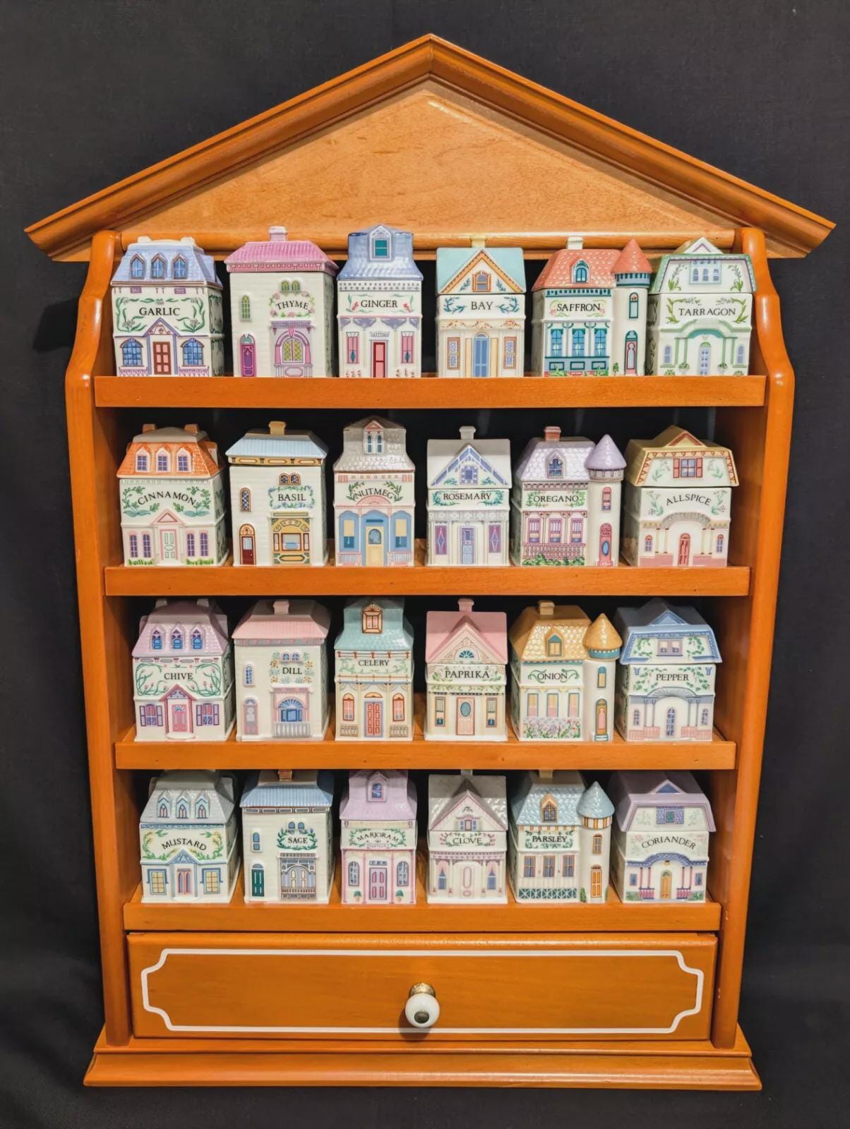 1989 LENOX Spice Village Porcelain Complete Set (24) Wooden Display Rack "NICE"