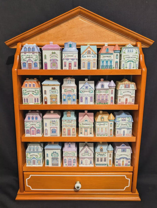 1989 LENOX Spice Village Porcelain Complete Set (24) Wooden Display Rack "NICE"