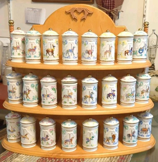 RARE: Lenox 1993 Carousel Porcelain Spice Jars & Wooden Rack - Complete Set (24)