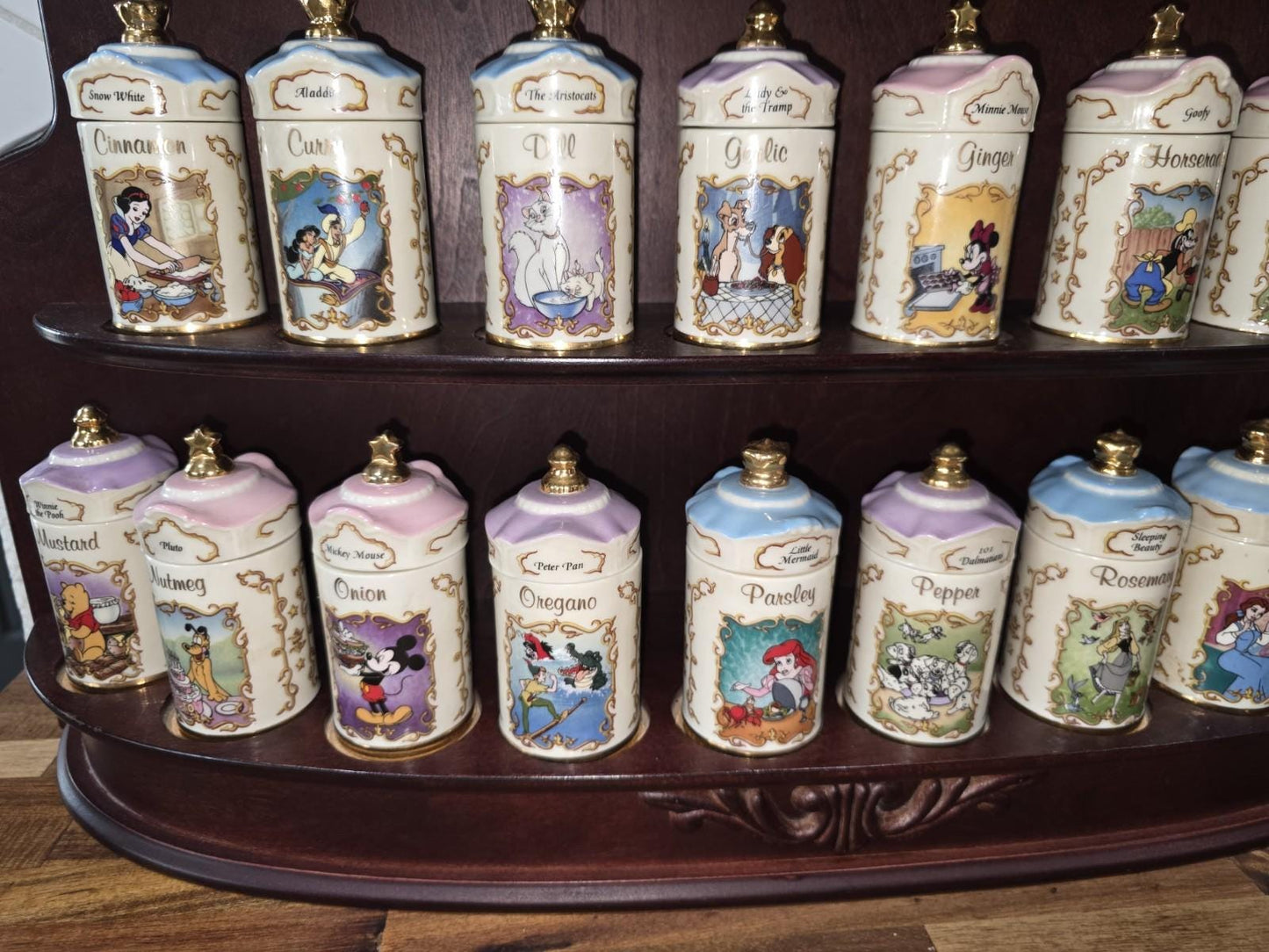 Walt Disney Lenox 24 Spice Jar Set & Wooden Rack 1995 Salt/ Pepper Shakers Boxes