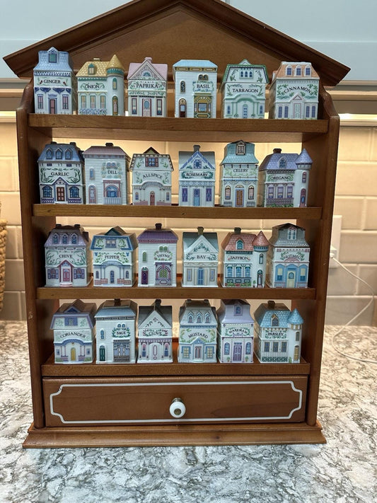 Vintage 1989 Lenox Spice Village complete 24 set with Wooden display rack shelf