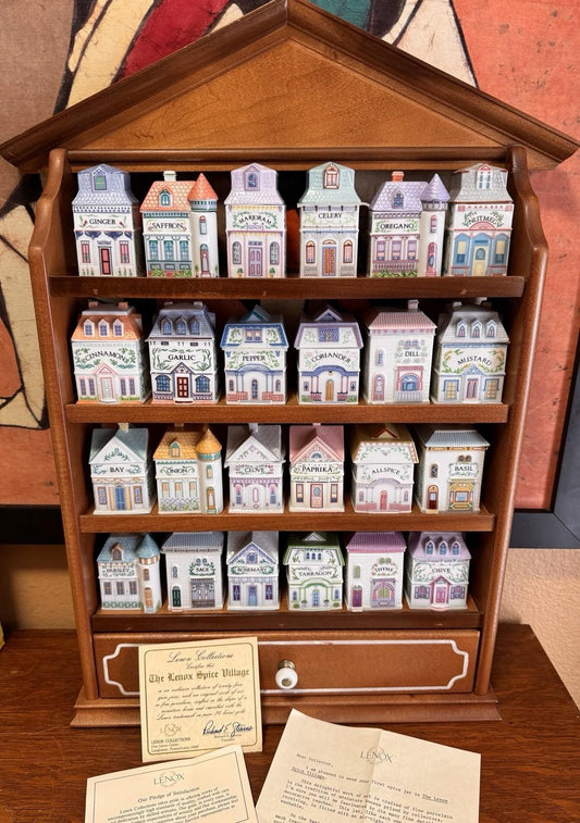 Vintage 1989 LENOX Spice Village Jar Complete Set of 24 Houses w/ Rack COA Boxes