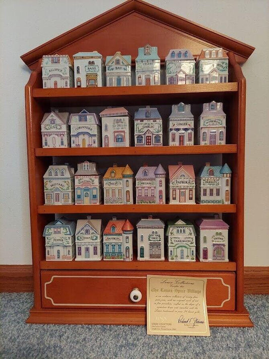 Vintage 1989 Lenox Spice Village Complete 24 Jar Set & Wooden Display Rack COA
