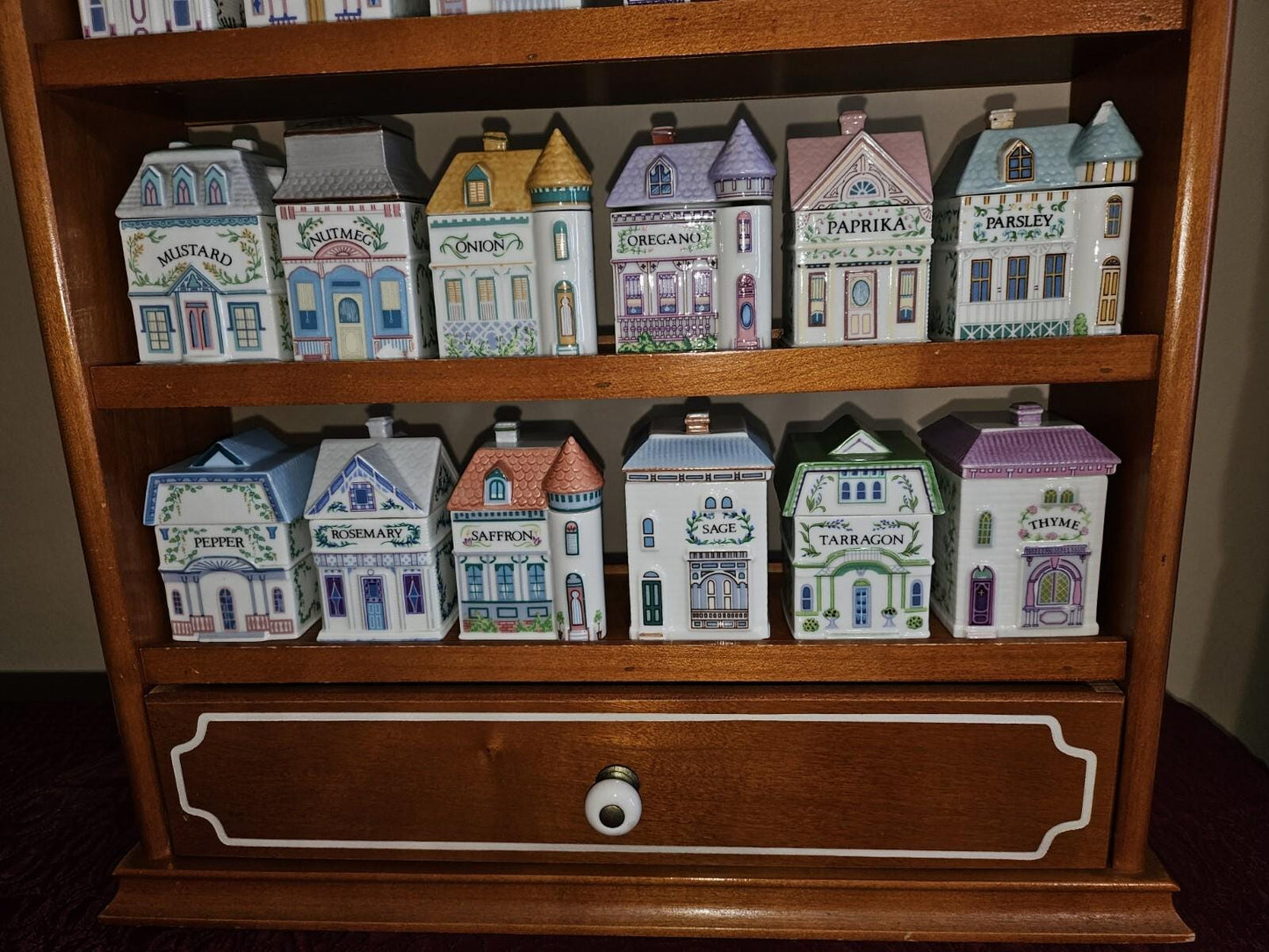 Vintage 1989 Lenox Spice Village Set of 24 Spice Jar Houses with Wooden Rack