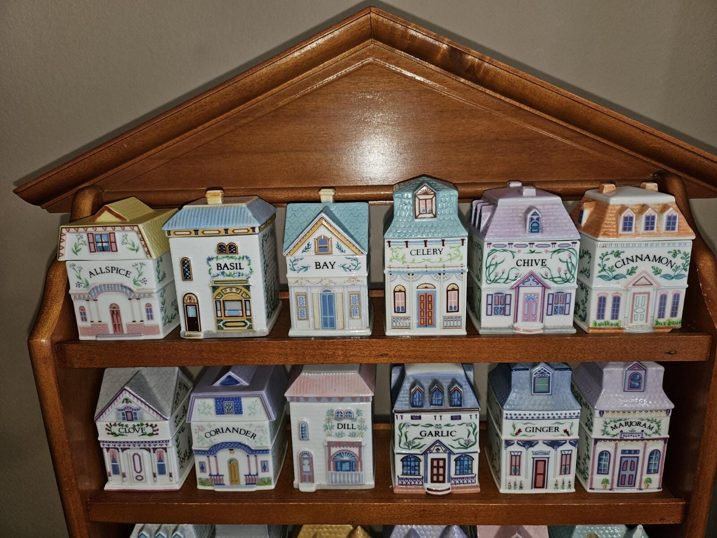 Vintage 1989 Lenox Spice Village Set of 24 Spice Jar Houses with Wooden Rack