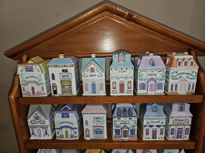 Vintage 1989 Lenox Spice Village Set of 24 Spice Jar Houses with Wooden Rack
