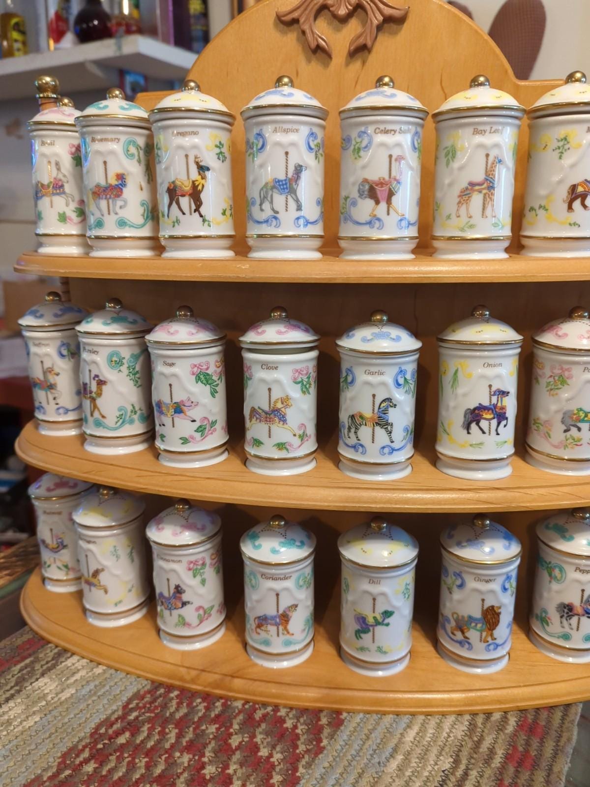 RARE: Lenox 1993 Carousel Porcelain Spice Jars & Wooden Rack - Complete Set (24)