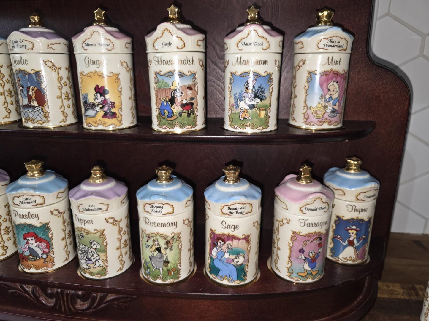 Walt Disney Lenox 24 Spice Jar Set & Wooden Rack 1995 Salt/ Pepper Shakers Boxes