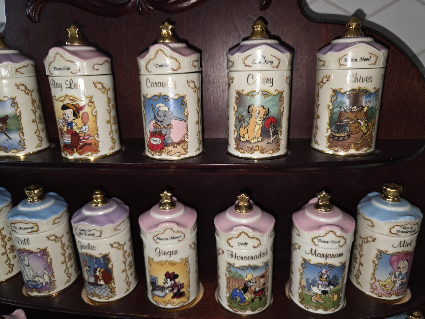 Walt Disney Lenox 24 Spice Jar Set & Wooden Rack 1995 Salt/ Pepper Shakers Boxes