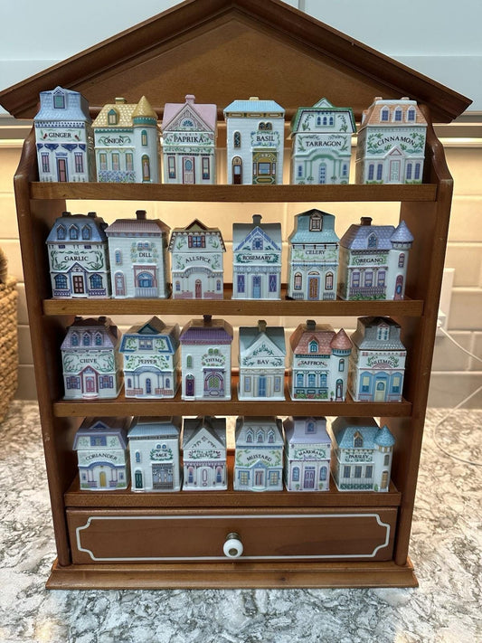 Vintage 1989 Lenox Spice Village complete 24 set with Wooden display rack shelf