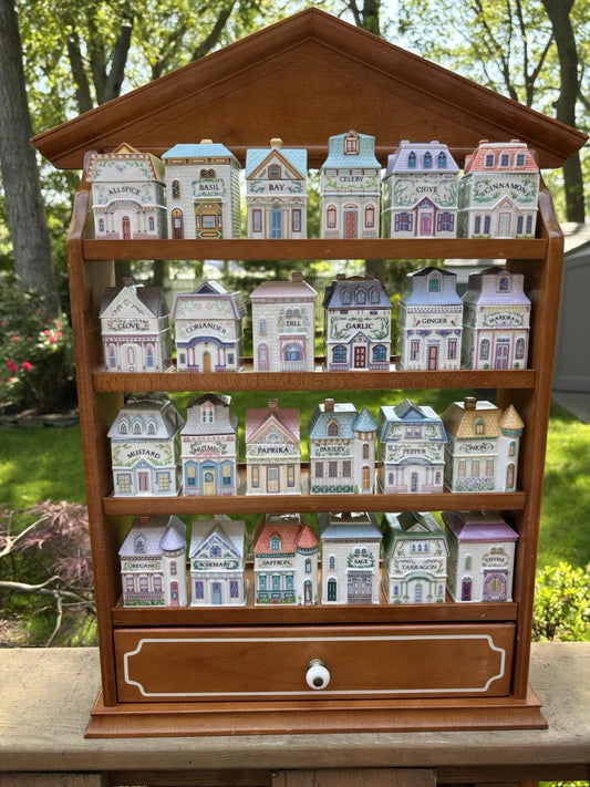 Lenox Spice Village 1989 Vintage Set with Wooden House Rack and 24 Jars