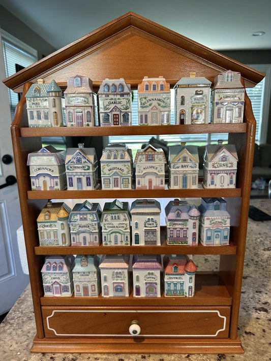 1989 Lenox Spice Village Spice Jar Set of 23 Houses & Wooden Rack Collectible